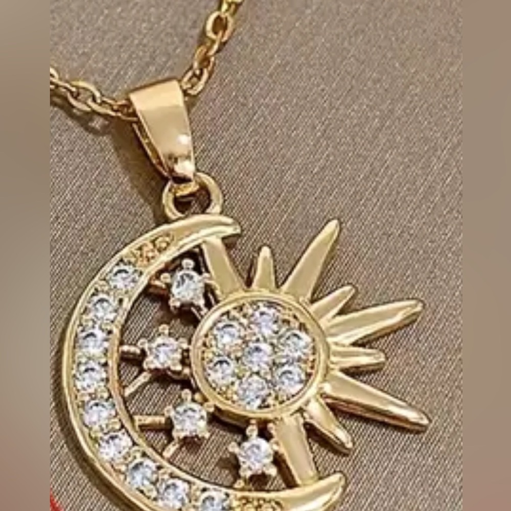 14K gold plated sun & moon necklace Swarovski crystals BNIB 16-18 inches